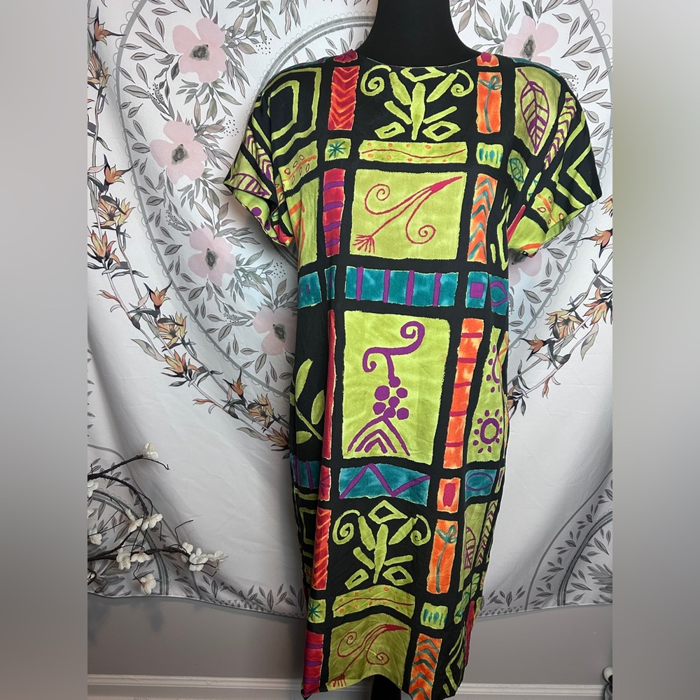 Vintage 90s Jones New York Petite Abstract Print Shift Dress Art Teacher Midi 6P